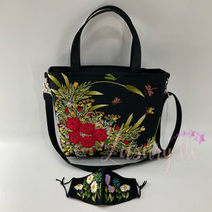 Red Daisy Embroidery Convertible Tote Crossbody Bag, Matching Silk Mask
